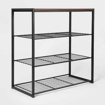 4 Tier Shoe Rack Black Metal With Walnut Wood - Brightroom™ 2 4 Tier Shoe Rack Black Metal With Walnut Wood - Brightroom™ - Image 2